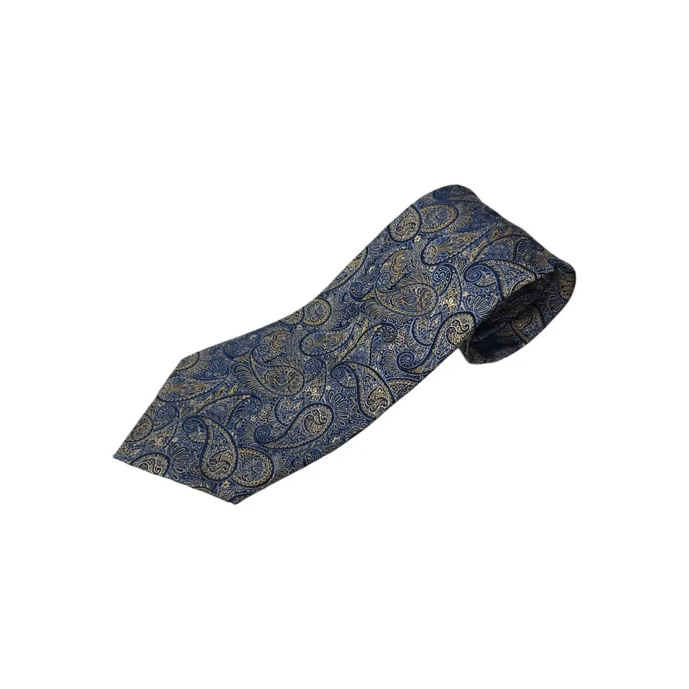 Van Heusen 100% Silk Tie Blue Paisley Gold Trim Mens Necktie Classic Formal